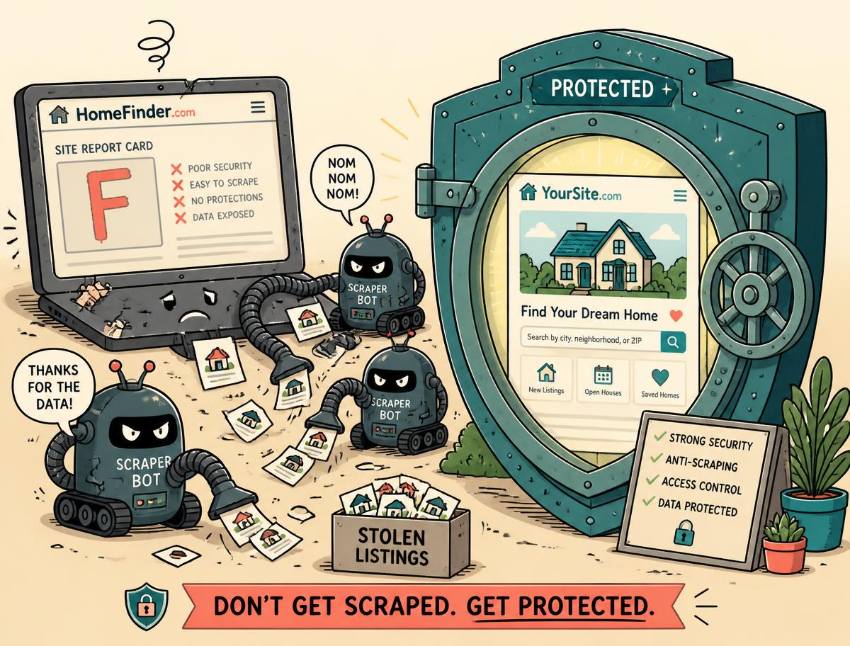 Cartoon illustration of a cracked website scoring an F while scraper bots steal listing data, next to a protected site locked inside a teal shield vault