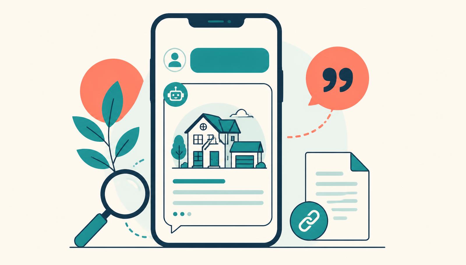 A phone showing an AI answer box citing a real estate source, with a magnifying glass and quote marks