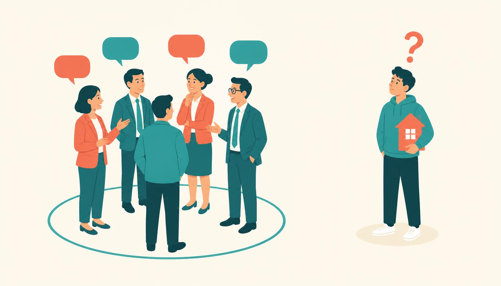 A closed circle of brokers talking to each other while a young homebuyer stands outside the circle, confused