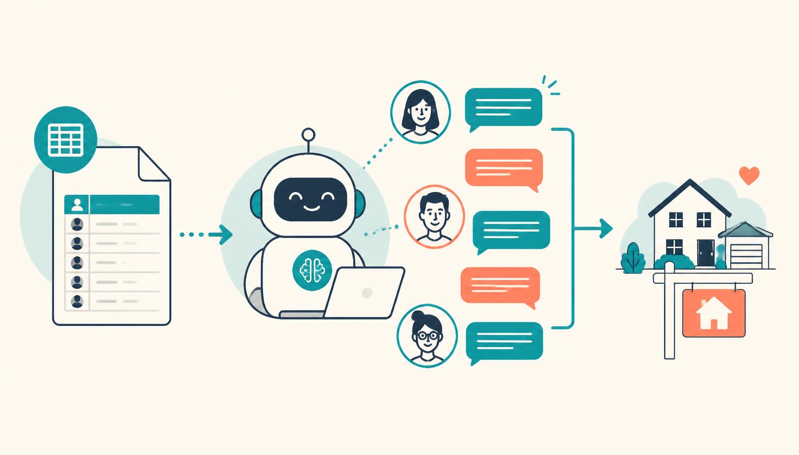A CSV of past contacts flowing into an AI text-message workflow that ends in a sold home