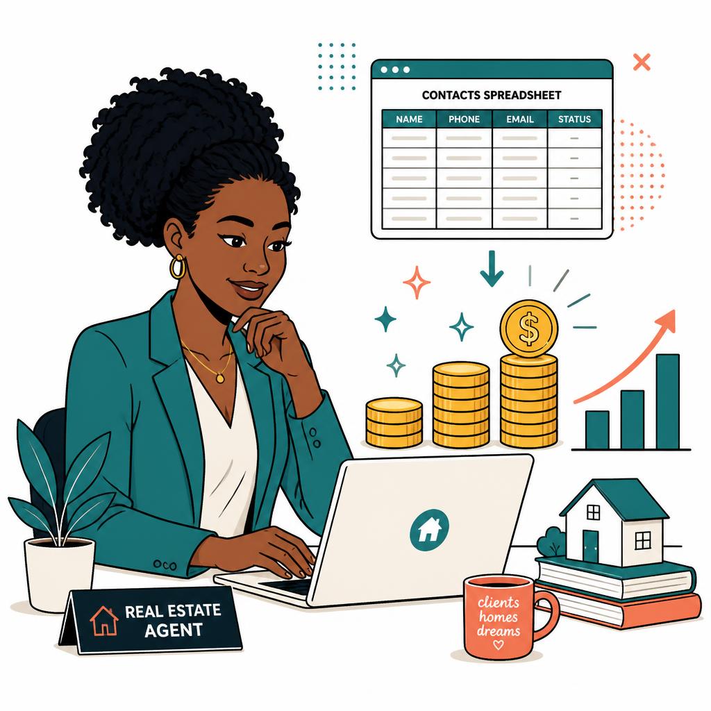 A Black female real estate agent reviews a dormant contact spreadsheet on her laptop as it transforms into stacks of gold coins and a rising growth chart