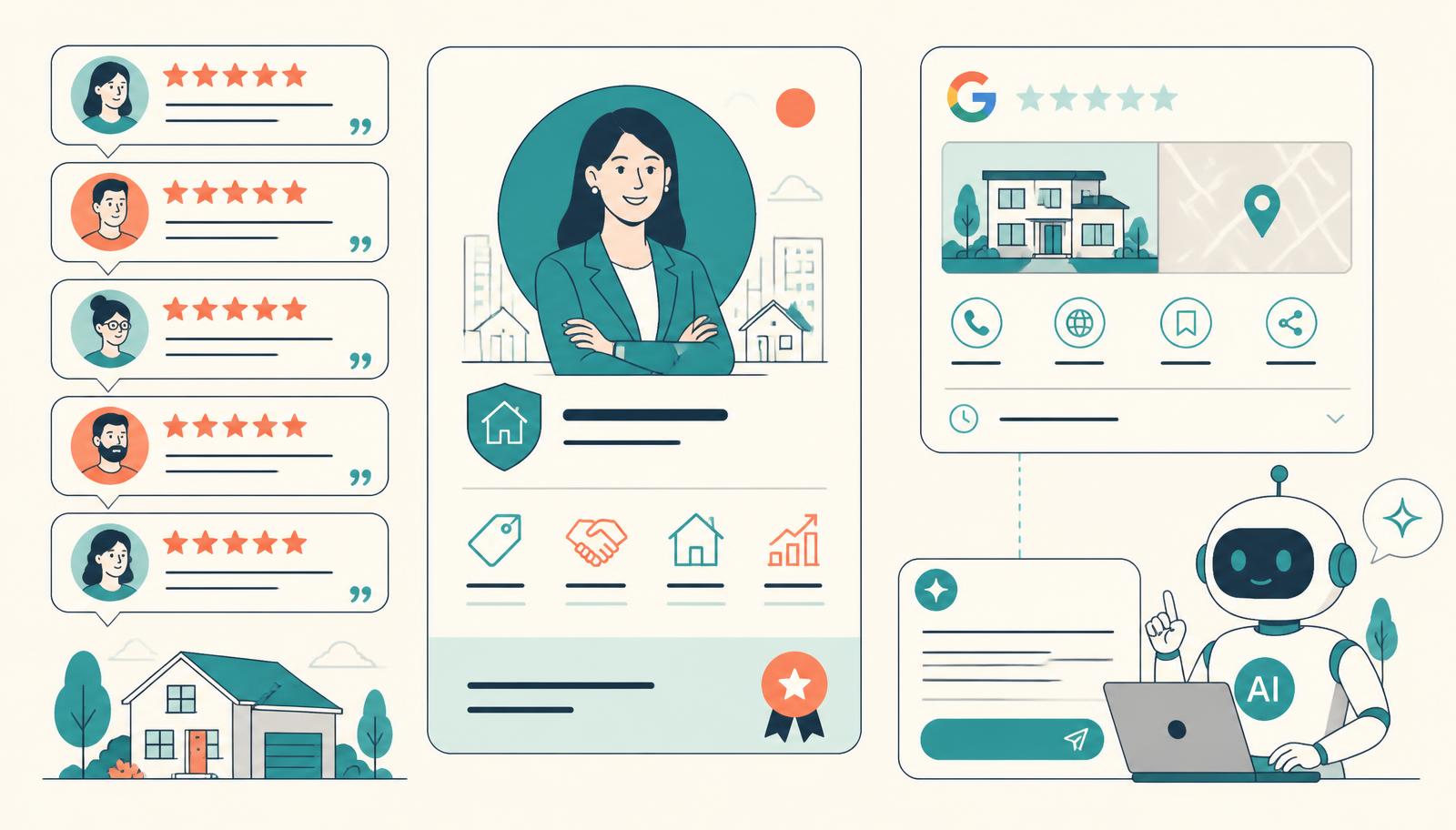 An agent profile surrounded by five-star reviews with an AI assistant drafting replies
