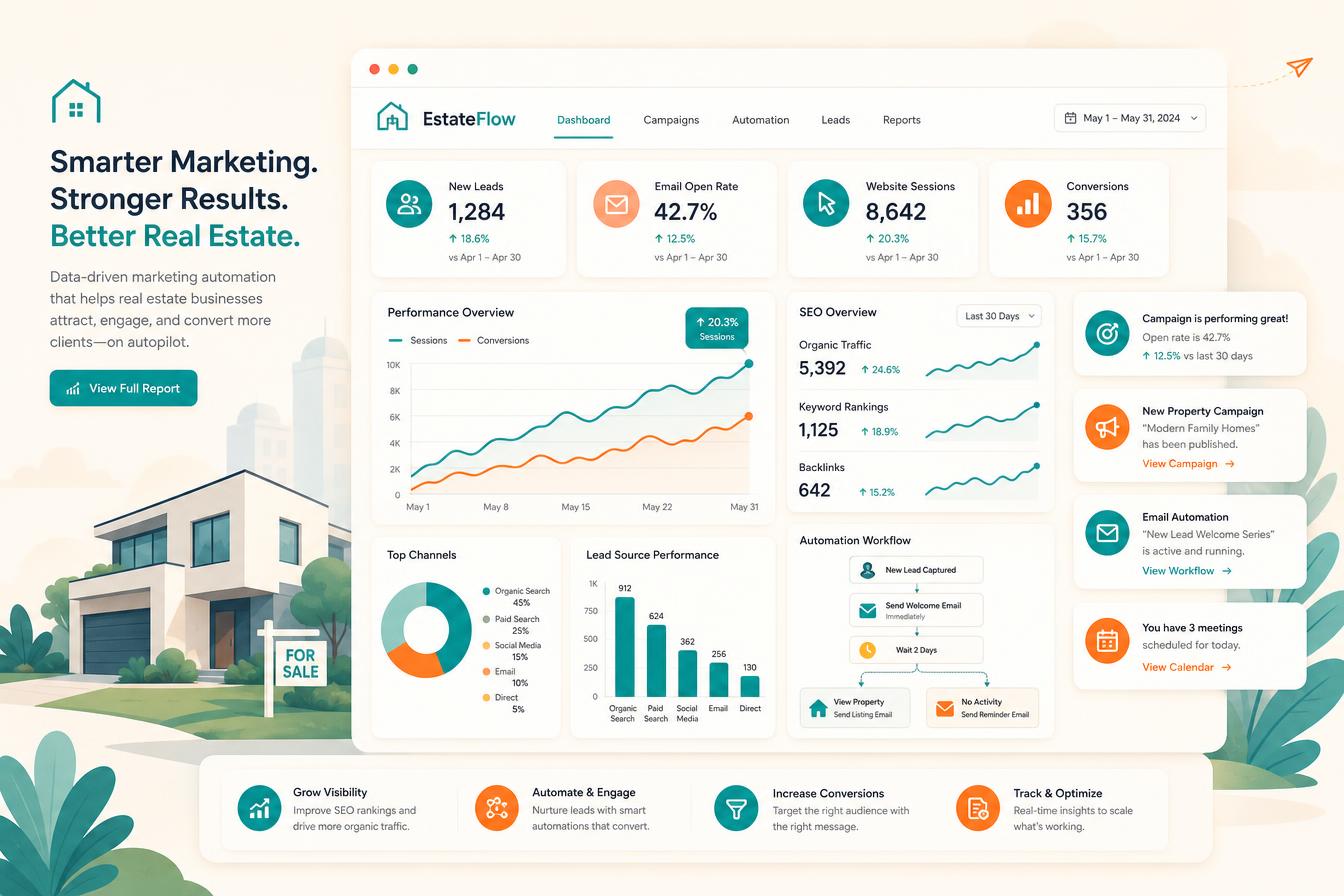 Digital marketing automation and SEO growth dashboard for real estate